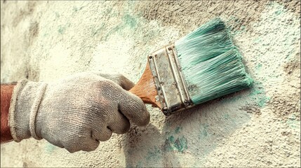 Applying turquoise paint with brush on textured wall surface close up