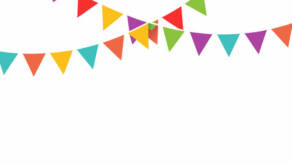 Colorful bunting flags hanging against a plain white background festive decorations