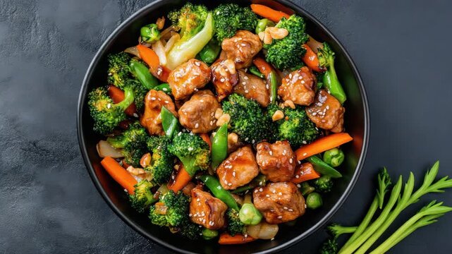 Glazed chicken broccoli carrot sesame stir fry peas savory colorful appetizing vibrant glaze