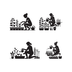 Black Color Gardening Hobby Outdoor Lifestyle Gardening Hobby Outdoor Lifestyle Silhouette Vector Illustration, Solid White Background.