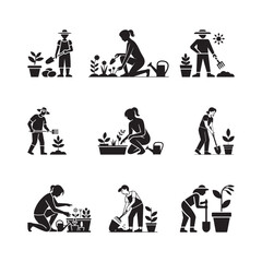 Black Color Gardening Hobby Outdoor Lifestyle Gardening Hobby Outdoor Lifestyle Silhouette Vector Illustration, Solid White Background.