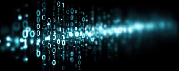 Vector illustration of a blue glowing binary code stream on a dark background for technology, data, and cyber themes
