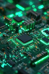 Obraz premium High-tech circuit board with glowing green chips and components.