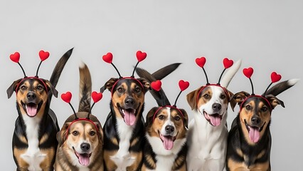 Seven adorable dogs wearing heart headbands smiling happily together