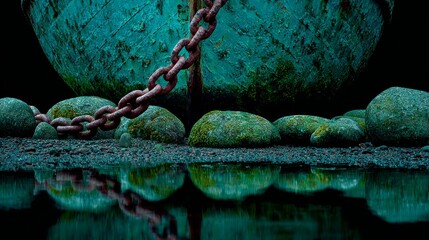 Rusty Chain Anchored to Large Stones.