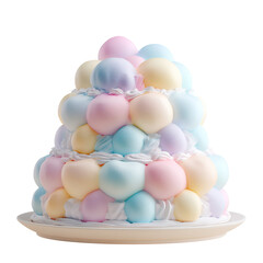 Fototapeta premium A birthday cake with rounded layers in bubble style sits on a plate. The puffy layers are in soft colors. This cake can be used for various occasions and celebrations involving sweets and desserts