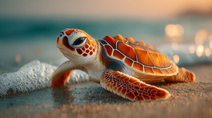Sea Turtle on Sandy Beach at Sunset.