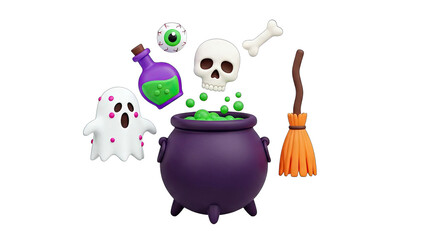 Halloween Elements Floating Above Cauldron on White Background