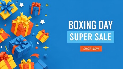 Vibrant boxing day super sale banner with colorful 3d gift boxes and call to action