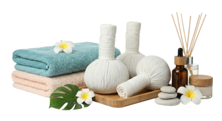Elegant spa and wellness accessories with towels candles and aromatherapy products isolated on
