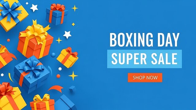 Vibrant boxing day super sale banner with colorful 3d gift boxes and call to action - Powered by Adobe