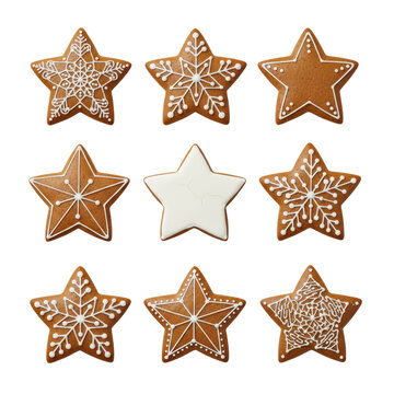 Collection of decorated gingerbread cookies featuring intricate winter motifs isolated on