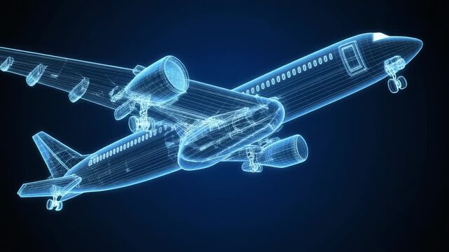 Detailed 3D wireframe airplane model flying through dark blue space with glowing blue lines