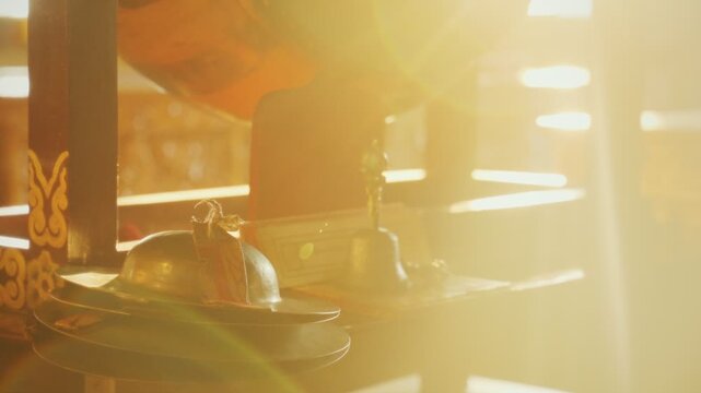 Tibetan Buddhist Ritual Musical Instrument in Warm Monastery Light.