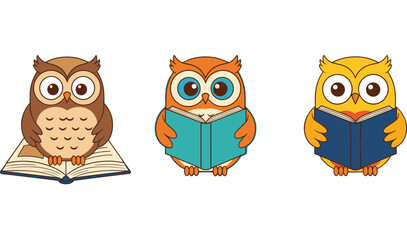 Cute cartoon owls reading books flat vector illustration set for education, learning, kids, and school design