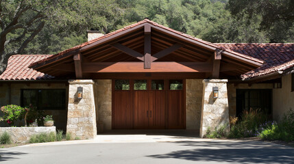 Rustic House Exterior with Wooden Garage Doors and Stone Facade in Mediterranean Style Surrounded by Nature