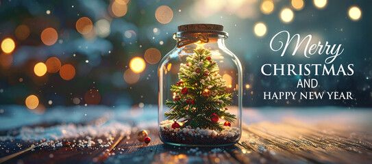 Text Letters Merry Christmas And Happy New Year. glass jars with Christmas tree web banner