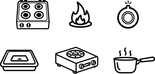 black and white line drawing of kitchen appliances and cooking related objects