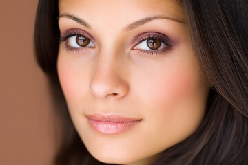 Obraz premium Captivating close-up of woman with long dark hair light brown eyes natural makeup well-defined eyebrows round face fair skin soft features pure white background radiant smile