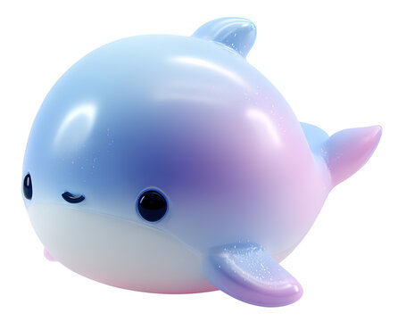 A dolphin figure with a squishy round shape and bubble style rests on a transparent background. The soft design features a blend of colors with round shapes
