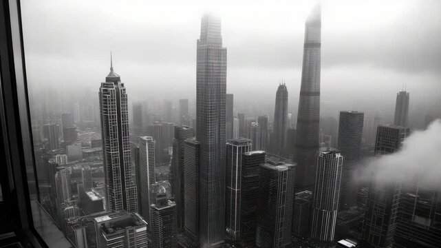 Foggy skyscraper skyline with towering glass highrise cluster and moody city skyline view