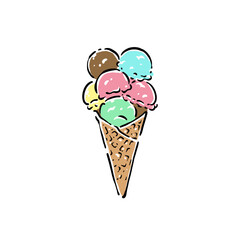 Hand drawn ice cream scoop with waffle cone, fresh and tasty dessert illustration. Perfect for menu design, cafe branding, packaging, advertising, social media, and food-related creative projects.