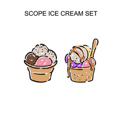 Hand drawn set ice cream scoop with waffle cone, fresh and tasty dessert illustration. Perfect for menu design, cafe branding, packaging, advertising, social media, and food-related creative projects.