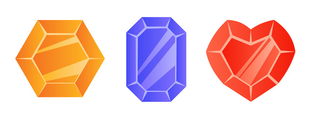 Three shiny gemstones of different shapes. Illustration on a transparent background