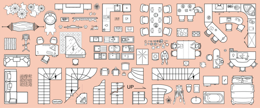 Set of furniture top view for apartments plan. The layout of the apartment design, technical drawing. Interior icon for bathrooms, living room, kitchen, bedroom, hallway . Vector illustration