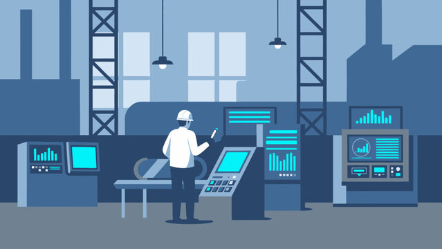 Engineer worker monitoring industrial processes from a control room in a factory with multiple computer screens and data analysis.