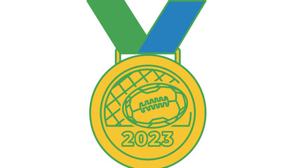 Gold medal with a football illustration and 2023 text, attached to green and blue ribbons, isolated white background.