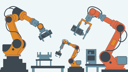 Vector illustration of a construction worker using an industrial shovel alongside heavy orange machinery like an excavator and robot power tools for building works isolated on white © MASKURI