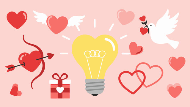 Cute pink heart shaped balloons and a light bulb vector illustration for a romantic Valentine's Day holiday card design symbol of love and art