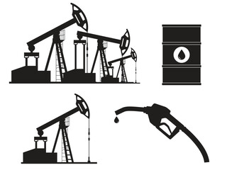 A collection of black silhouettes of elements on the theme of oil and fuel - an oil rig, a barrel of oil, a fuel nozzle. Vector illustration isolated on a white background