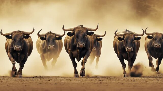Bulls running through desert dust cloud