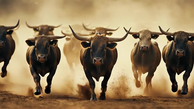 Charging cattle running through dusty field