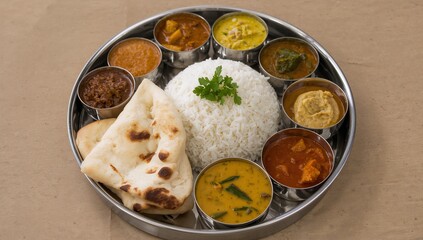 Traditional indian thali meal with rice and curries