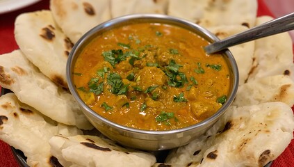 Traditional indian curry served with naan bread