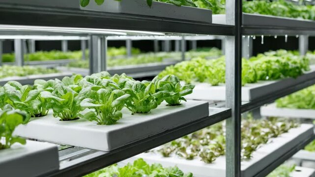 Medium shot of multilayer indoor vertical farming system with rows of diverse vegetables growing under energyefficient LED lights.