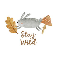 Cute watercolor forest hare illustration.
Whimsical woodland animal with lettering.
Nursery decor art.