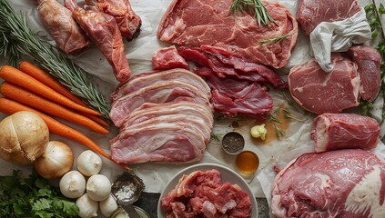 A diverse selection of raw meat cuts with fresh vegetables and herbs