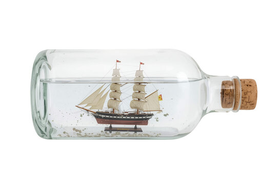 Ship in a bottle model floats in clear liquid for a vacation promotion background.