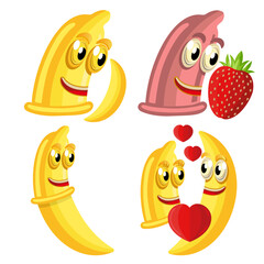 Cartoon characters Condom in Flat Style. Vector Icons Condom with Banana, Strawberry and Condom on banana soft show as use it