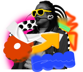 Cool mixed media portrait of woman in oversized jacket on transparent background. Concept of DJ image building, digital persona, streaming platform visuals, artist fashion identity.