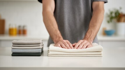 Person neatly folding soft fabric clothes on clean kitchen counter. Everyday laundry routine, home organization, textile care, cleanliness and simple modern living