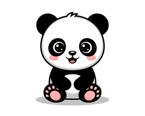 Obraz premium Cute cartoon baby panda sitting with big eyes and pink cheeks on a white background bear animal
