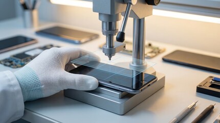 Repairing smartphone screen using a machine in a tech workshop during working hours