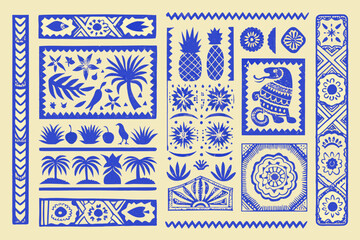 Obraz premium Blue and white decorative patterns botanical and geometric tile designs