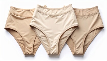 Three Beige High Waist Underwear Bottoms on White Background Fashion Lingerie