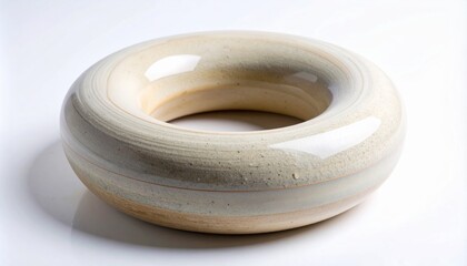 Glossy Cream Colored Ceramic Ring with Ribbed Texture on White Surface